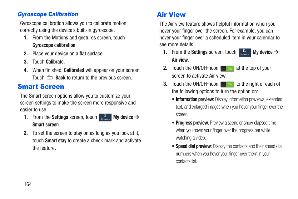 Gyroscope calibration, Smart screen, Air view | Smart screen air view | Samsung SCH-R960ZKAUSC User Manual | Page 171 / 228