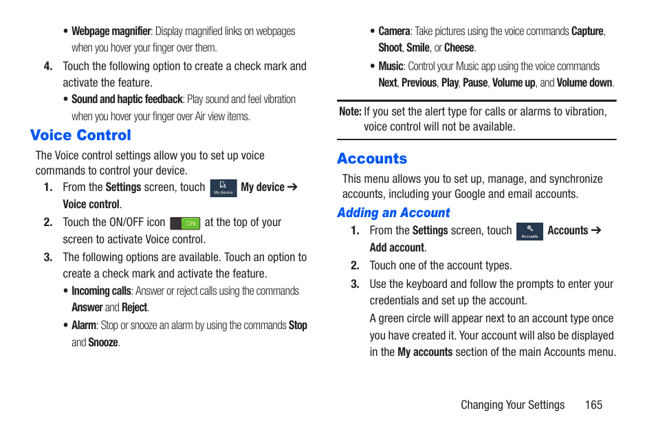 Voice control, Accounts, Adding an account | Voice control accounts | Samsung SCH-R960ZKAUSC User Manual | Page 172 / 228