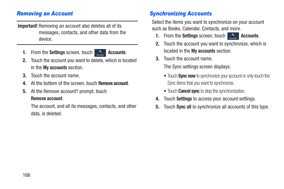 Removing an account, Synchronizing accounts | Samsung SCH-R960ZKAUSC User Manual | Page 173 / 228