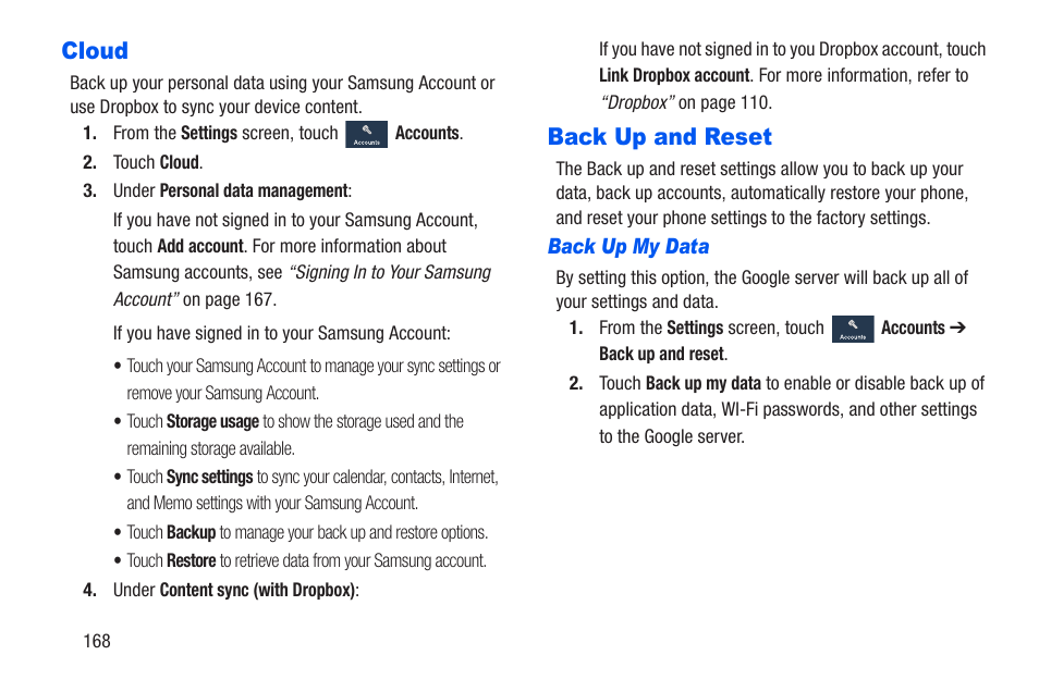 Cloud, Back up and reset, Back up my data | Cloud back up and reset | Samsung SCH-R960ZKAUSC User Manual | Page 175 / 228