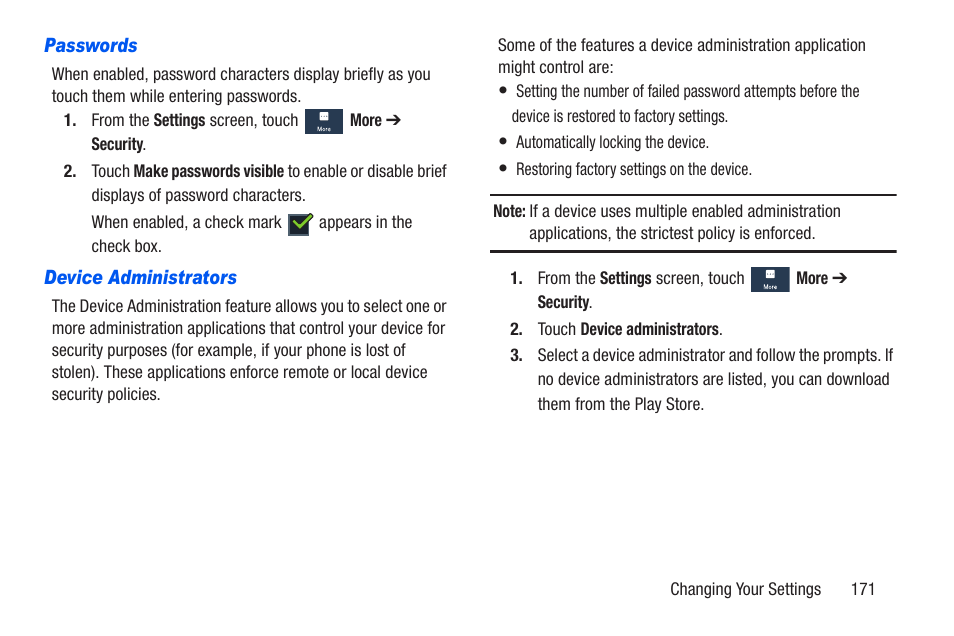 Passwords, Device administrators | Samsung SCH-R960ZKAUSC User Manual | Page 178 / 228