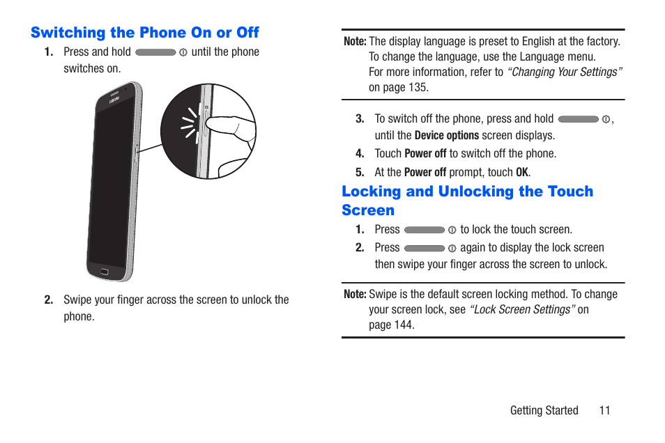 Switching the phone on or off, Locking and unlocking the touch screen | Samsung SCH-R960ZKAUSC User Manual | Page 18 / 228