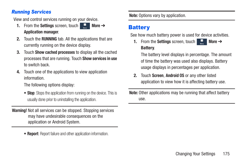 Running services, Battery | Samsung SCH-R960ZKAUSC User Manual | Page 182 / 228