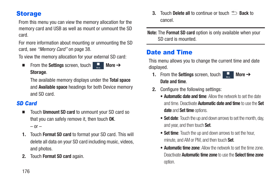 Storage, Sd card, Date and time | Storage date and time | Samsung SCH-R960ZKAUSC User Manual | Page 183 / 228