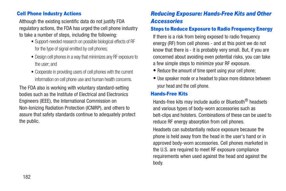 Cell phone industry actions, Steps to reduce exposure to radio frequency energy, Hands-free kits | Samsung SCH-R960ZKAUSC User Manual | Page 189 / 228