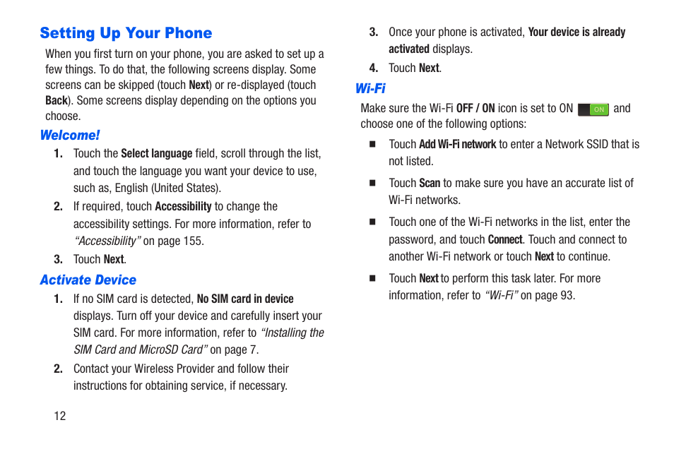 Setting up your phone, Welcome, Activate device | Wi-fi | Samsung SCH-R960ZKAUSC User Manual | Page 19 / 228