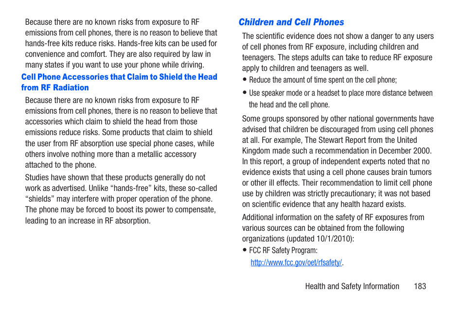 Children and cell phones | Samsung SCH-R960ZKAUSC User Manual | Page 190 / 228