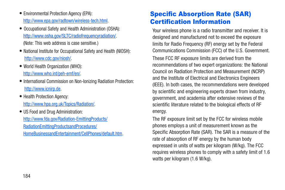 Specific absorption rate (sar), Certification information | Samsung SCH-R960ZKAUSC User Manual | Page 191 / 228