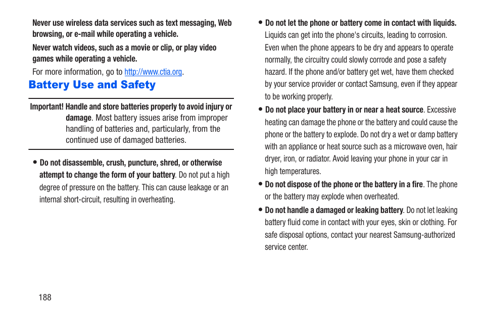 Battery use and safety | Samsung SCH-R960ZKAUSC User Manual | Page 195 / 228