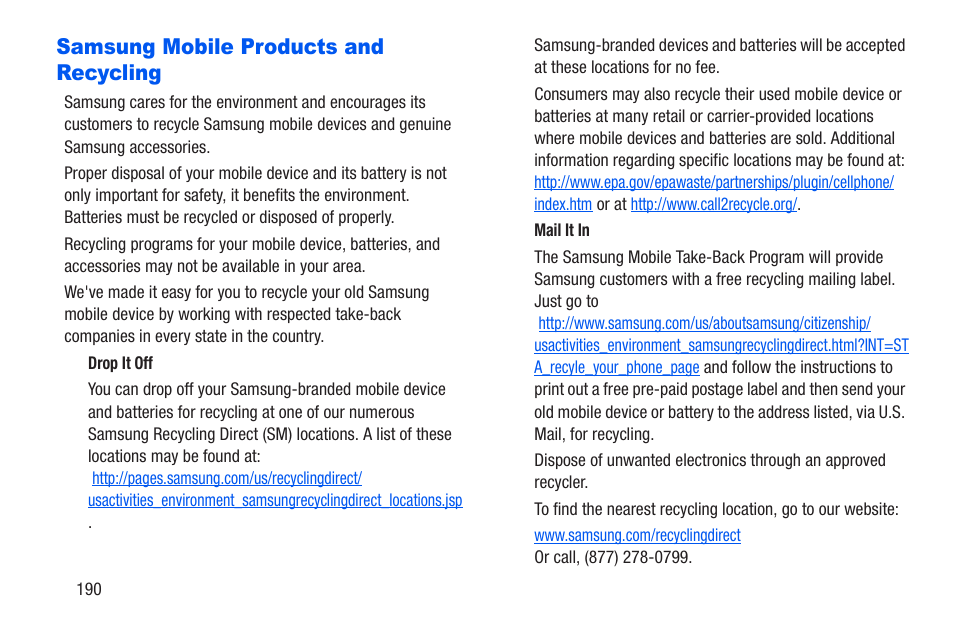 Samsung mobile products and recycling | Samsung SCH-R960ZKAUSC User Manual | Page 197 / 228