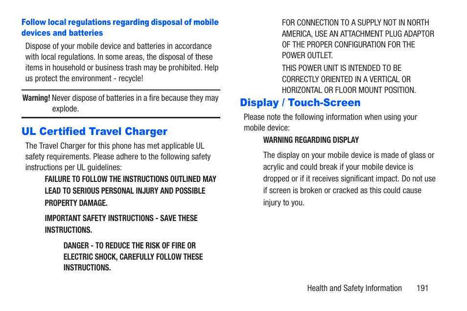 Ul certified travel charger, Display / touch-screen, Ul certified travel charger display / touch-screen | Samsung SCH-R960ZKAUSC User Manual | Page 198 / 228