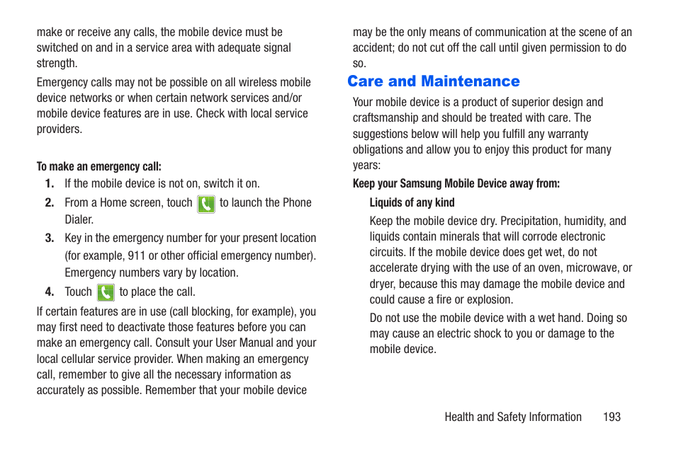Care and maintenance | Samsung SCH-R960ZKAUSC User Manual | Page 200 / 228