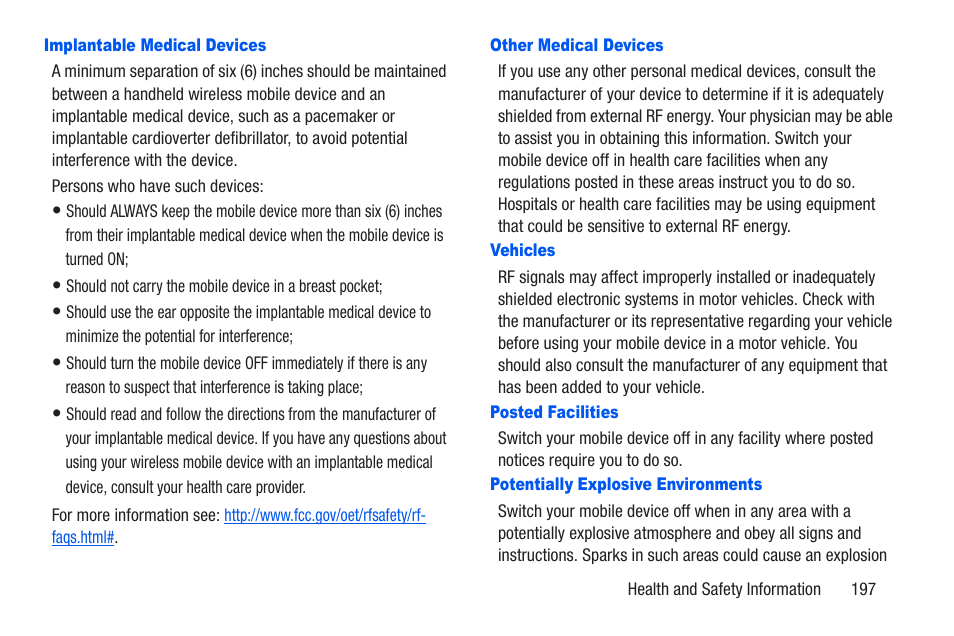 Implantable medical devices, Other medical devices, Vehicles | Posted facilities, Potentially explosive environments | Samsung SCH-R960ZKAUSC User Manual | Page 204 / 228