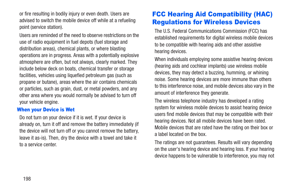 When your device is wet, Fcc hearing aid compatibility (hac), Regulations for wireless devices | Samsung SCH-R960ZKAUSC User Manual | Page 205 / 228