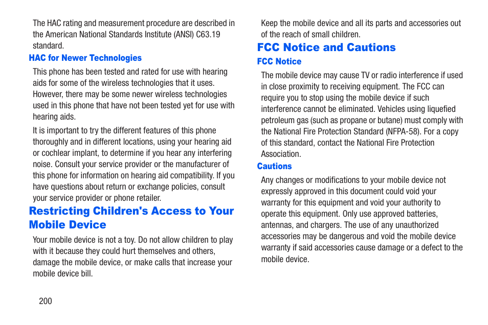 Hac for newer technologies, Fcc notice and cautions, Fcc notice | Cautions, Restricting children's access to your, Mobile device | Samsung SCH-R960ZKAUSC User Manual | Page 207 / 228