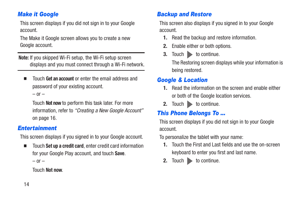 Make it google, Entertainment, Backup and restore | Google & location, This phone belongs to | Samsung SCH-R960ZKAUSC User Manual | Page 21 / 228