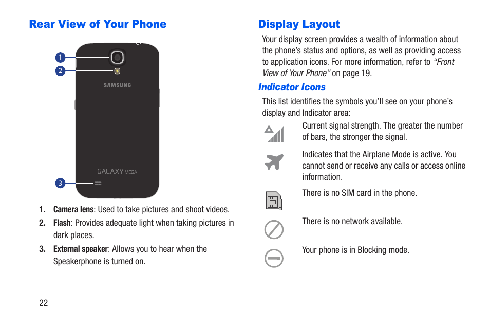 Rear view of your phone, Display layout, Indicator icons | Rear view of your phone display layout | Samsung SCH-R960ZKAUSC User Manual | Page 29 / 228