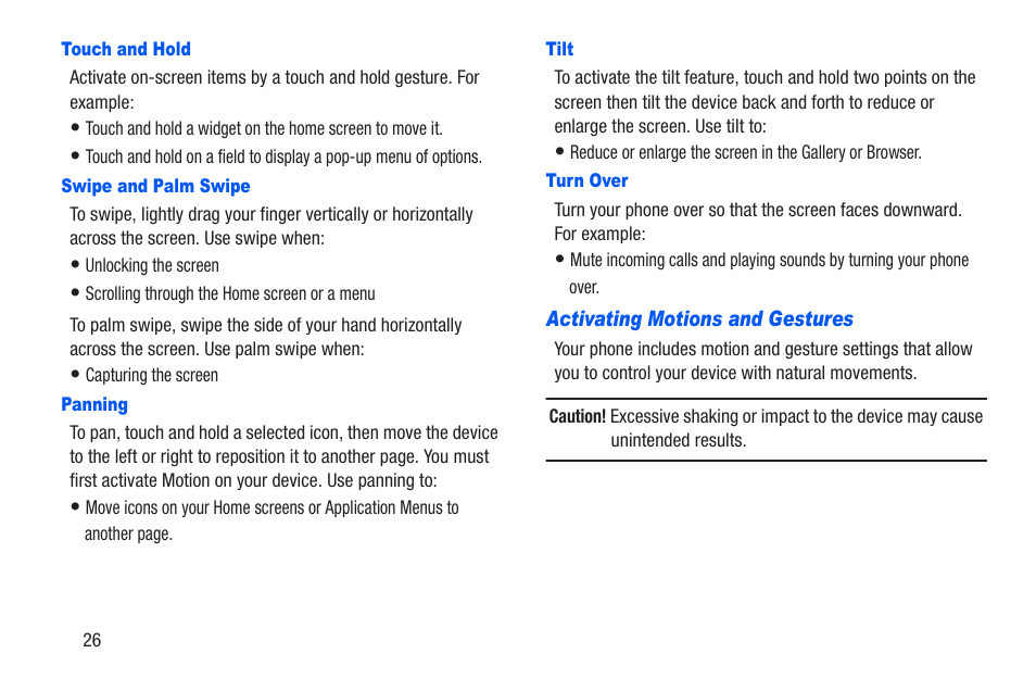 Touch and hold, Swipe and palm swipe, Panning | Tilt, Turn over, Activating motions and gestures | Samsung SCH-R960ZKAUSC User Manual | Page 33 / 228