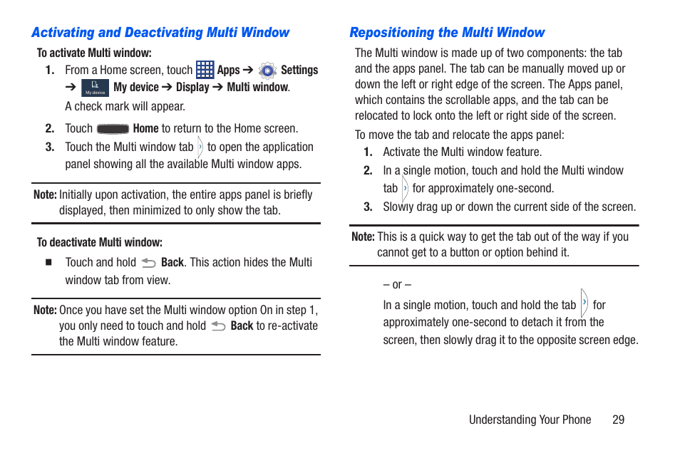 Activating and deactivating multi window, Repositioning the multi window | Samsung SCH-R960ZKAUSC User Manual | Page 36 / 228