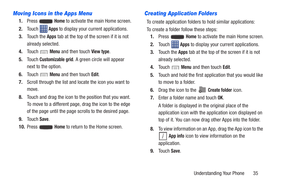 Moving icons in the apps menu, Creating application folders | Samsung SCH-R960ZKAUSC User Manual | Page 42 / 228