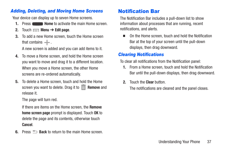 Adding, deleting, and moving home screens, Notification bar, Clearing notifications | Samsung SCH-R960ZKAUSC User Manual | Page 44 / 228