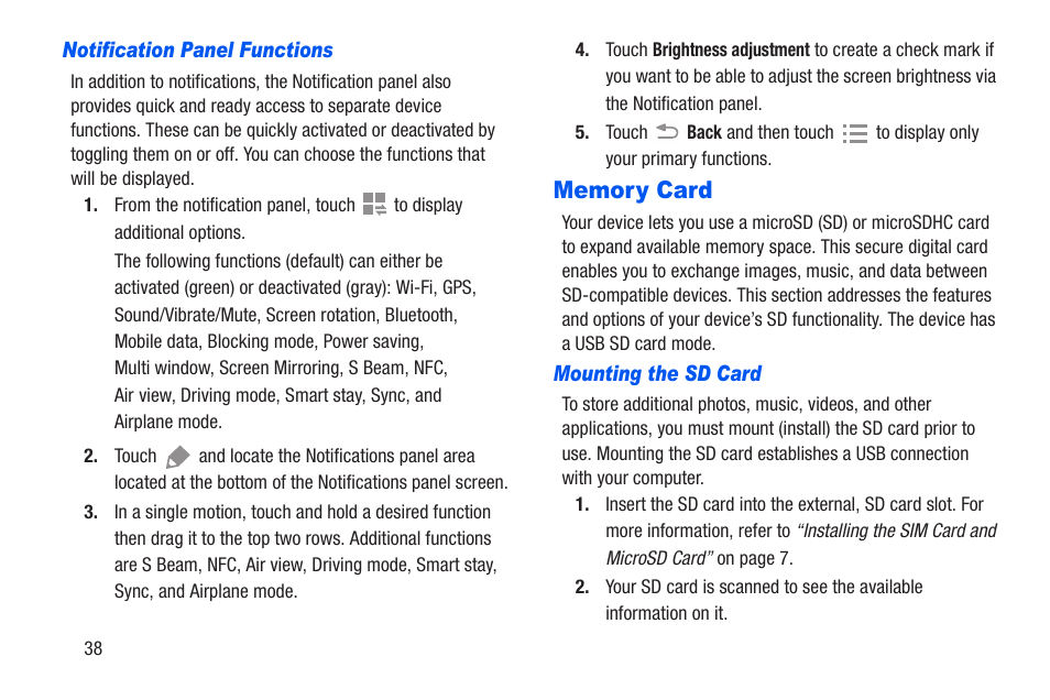 Notification panel functions, Memory card, Mounting the sd card | Samsung SCH-R960ZKAUSC User Manual | Page 45 / 228