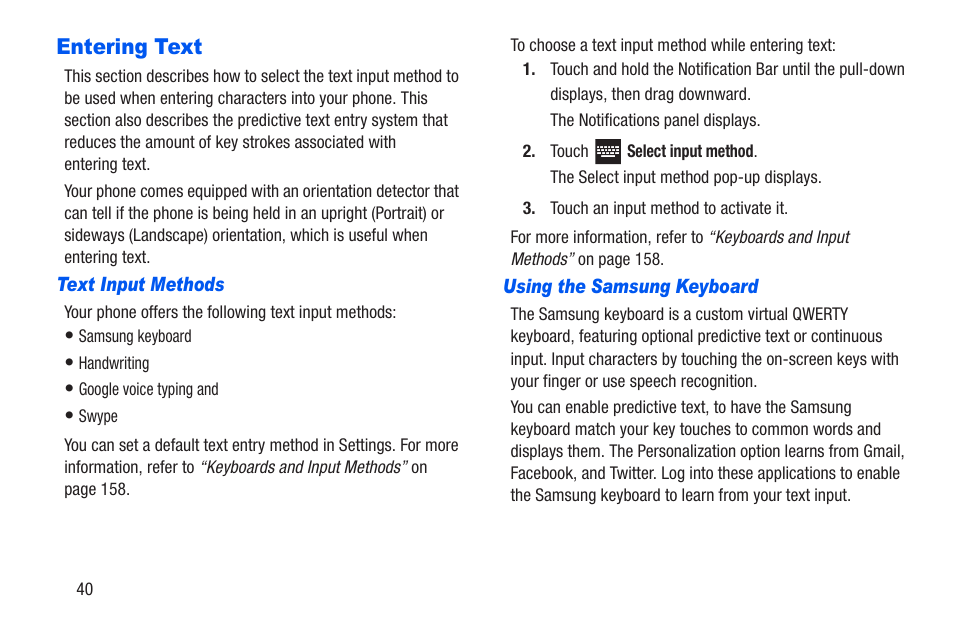 Entering text, Text input methods, Using the samsung keyboard | Samsung SCH-R960ZKAUSC User Manual | Page 47 / 228