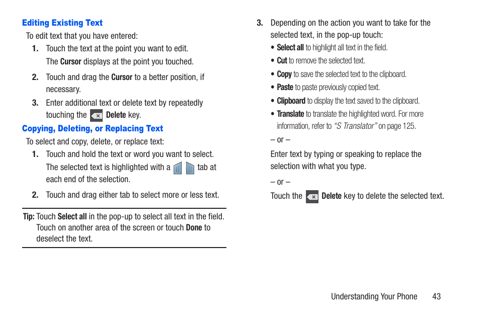 Editing existing text, Copying, deleting, or replacing text | Samsung SCH-R960ZKAUSC User Manual | Page 50 / 228