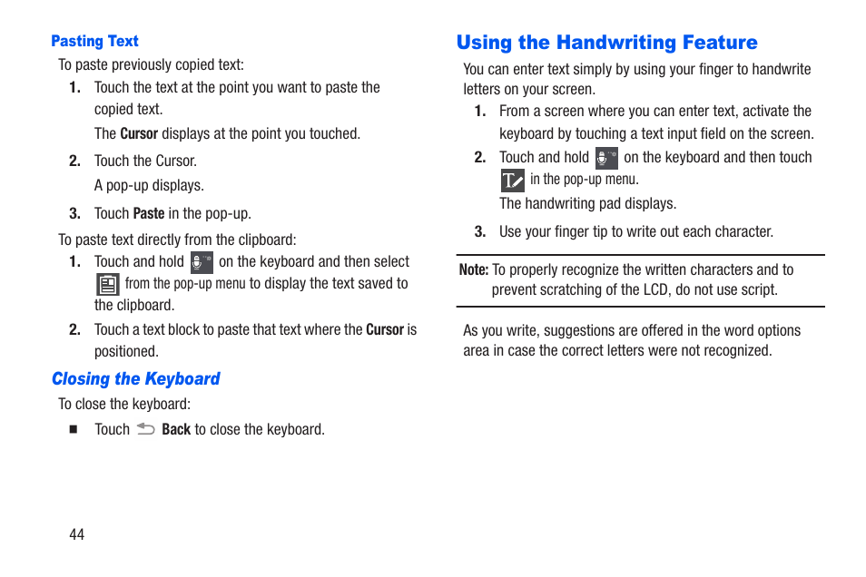 Pasting text, Closing the keyboard, Using the handwriting feature | Samsung SCH-R960ZKAUSC User Manual | Page 51 / 228