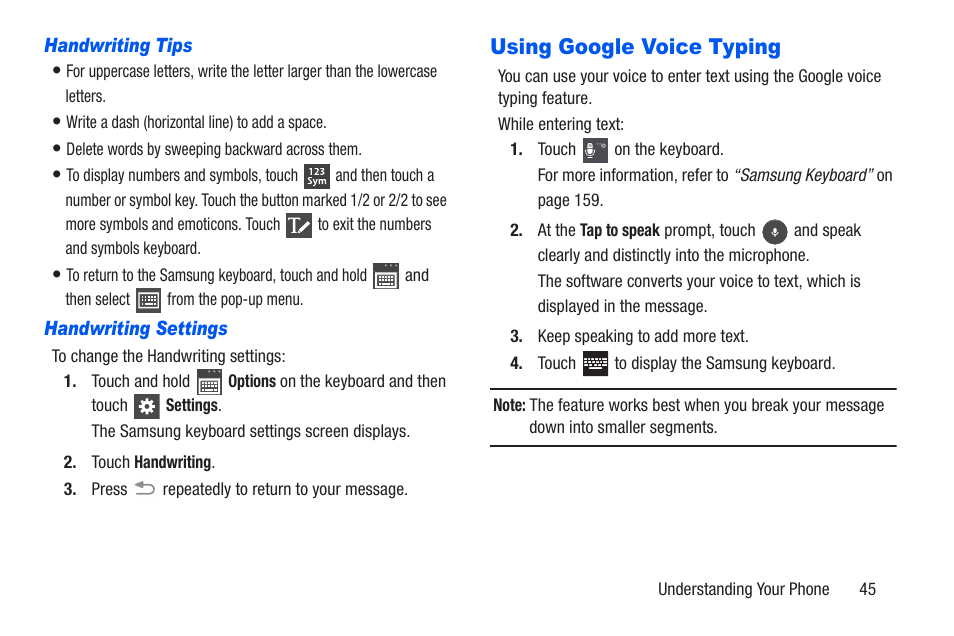 Handwriting tips, Handwriting settings, Using google voice typing | Samsung SCH-R960ZKAUSC User Manual | Page 52 / 228