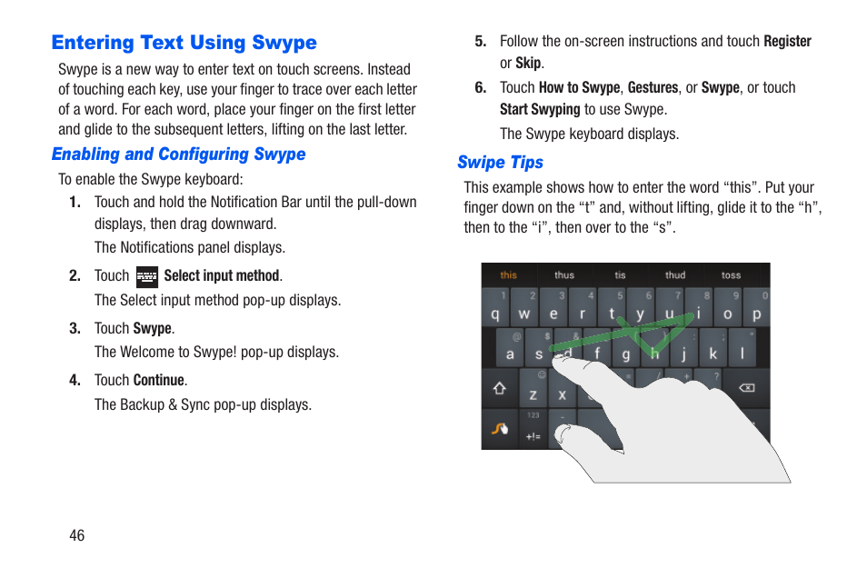 Entering text using swype, Enabling and configuring swype, Swipe tips | Samsung SCH-R960ZKAUSC User Manual | Page 53 / 228