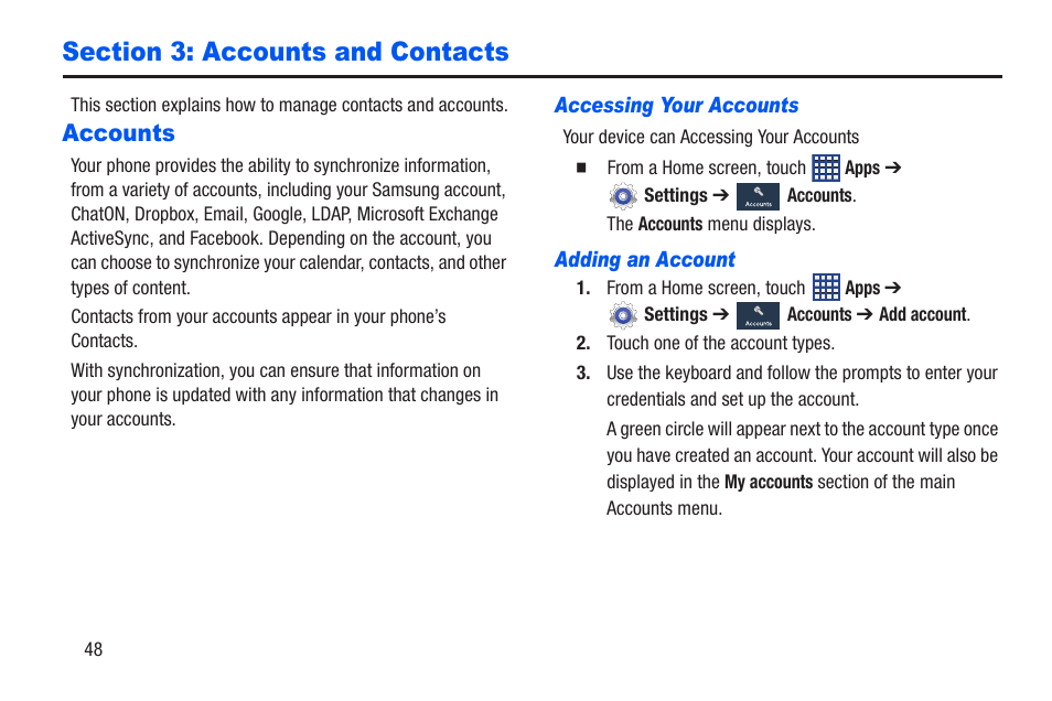 Section 3: accounts and contacts, Accounts, Accessing your accounts | Adding an account | Samsung SCH-R960ZKAUSC User Manual | Page 55 / 228