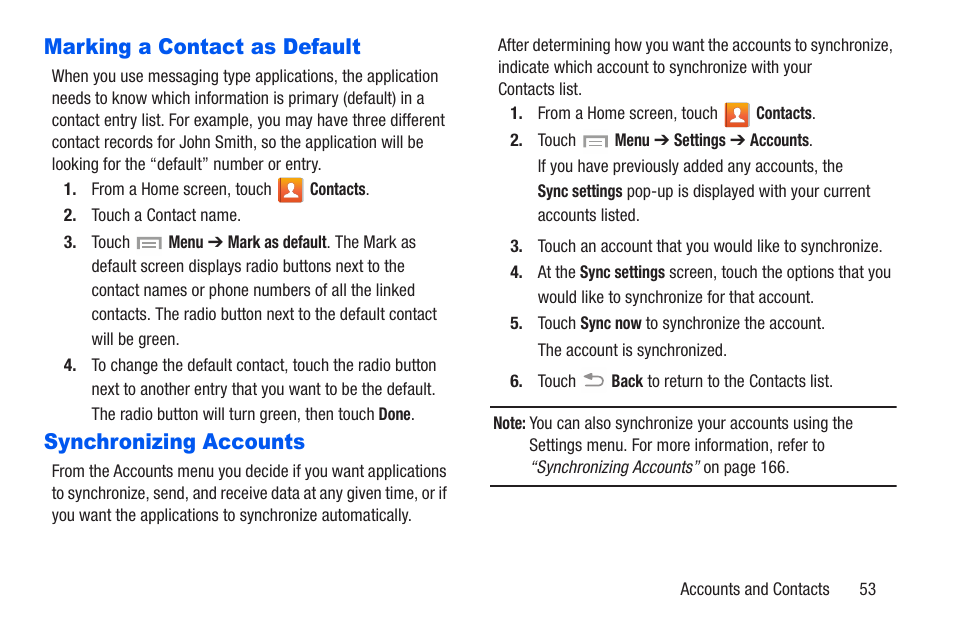 Marking a contact as default, Synchronizing accounts | Samsung SCH-R960ZKAUSC User Manual | Page 60 / 228