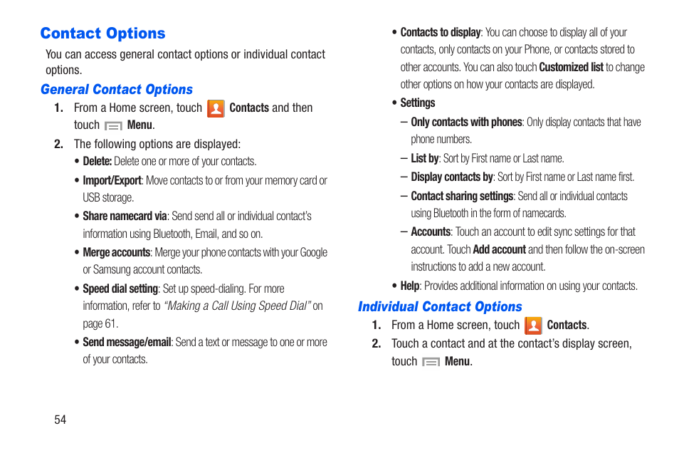 Contact options, General contact options, Individual contact options | Samsung SCH-R960ZKAUSC User Manual | Page 61 / 228