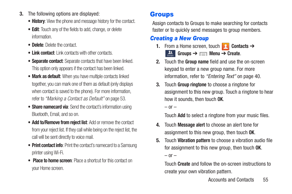 Groups, Creating a new group | Samsung SCH-R960ZKAUSC User Manual | Page 62 / 228