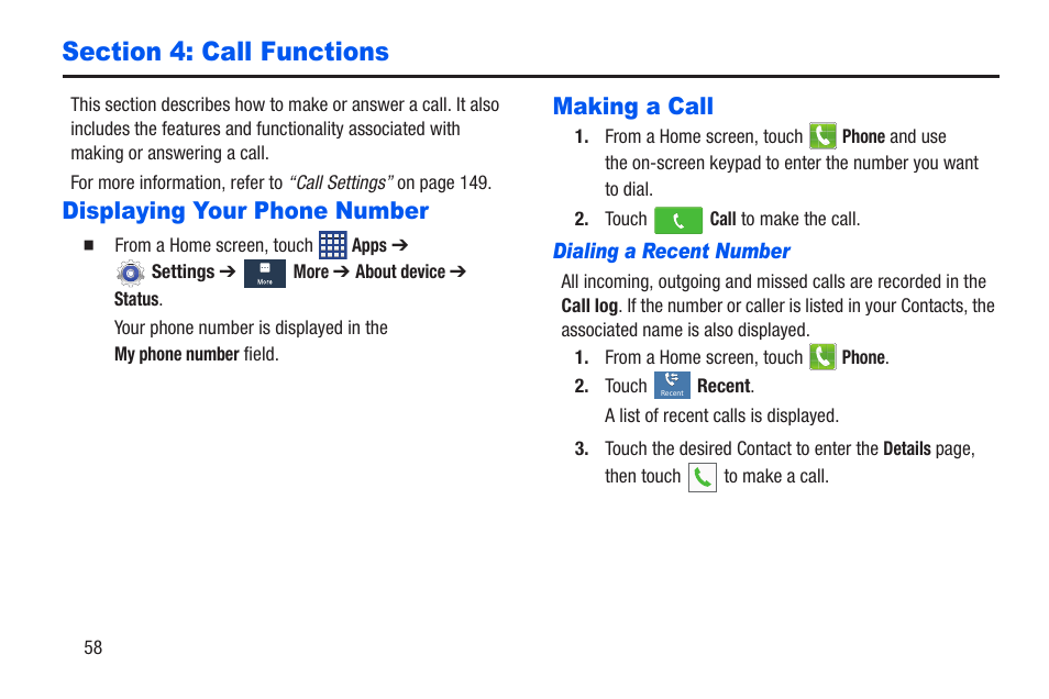 Section 4: call functions, Displaying your phone number, Making a call | Dialing a recent number, Displaying your phone number making a call | Samsung SCH-R960ZKAUSC User Manual | Page 65 / 228