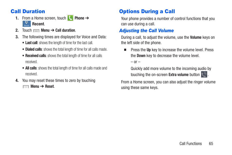 Call duration, Options during a call, Adjusting the call volume | Call duration options during a call | Samsung SCH-R960ZKAUSC User Manual | Page 72 / 228