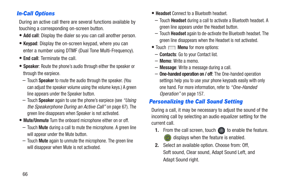 In-call options, Personalizing the call sound setting | Samsung SCH-R960ZKAUSC User Manual | Page 73 / 228