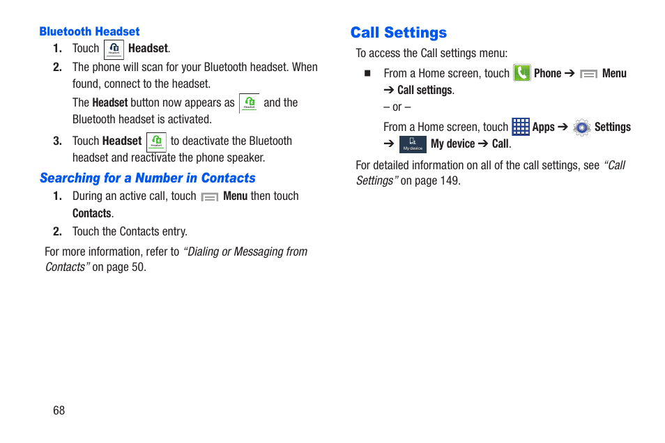 Bluetooth headset, Searching for a number in contacts, Call settings | Samsung SCH-R960ZKAUSC User Manual | Page 75 / 228