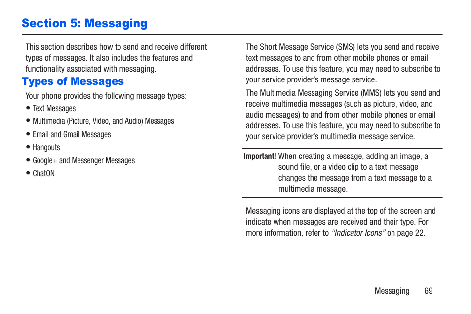 Section 5: messaging, Types of messages | Samsung SCH-R960ZKAUSC User Manual | Page 76 / 228