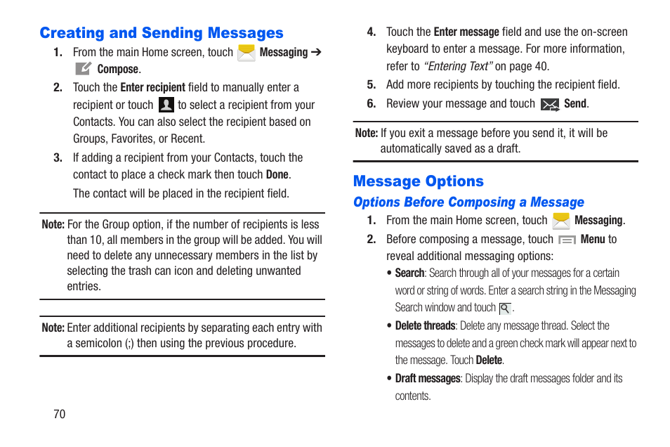 Creating and sending messages, Message options, Options before composing a message | Creating and sending messages message options | Samsung SCH-R960ZKAUSC User Manual | Page 77 / 228