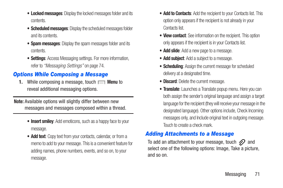 Options while composing a message, Adding attachments to a message | Samsung SCH-R960ZKAUSC User Manual | Page 78 / 228