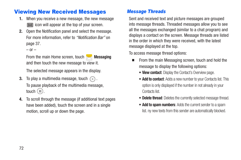 Viewing new received messages, Message threads | Samsung SCH-R960ZKAUSC User Manual | Page 79 / 228