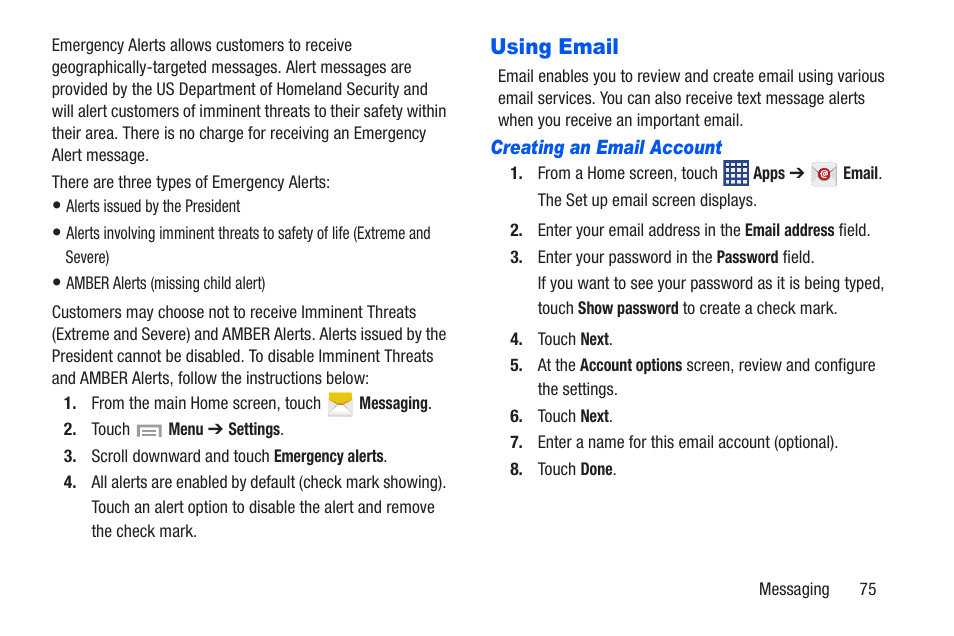 Using email, Creating an email account | Samsung SCH-R960ZKAUSC User Manual | Page 82 / 228