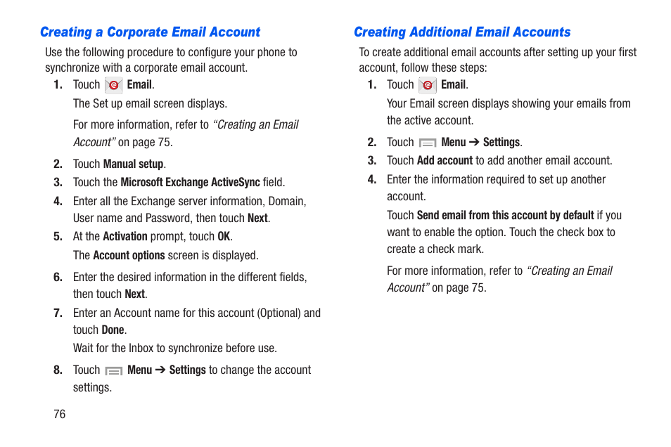 Creating a corporate email account, Creating additional email accounts | Samsung SCH-R960ZKAUSC User Manual | Page 83 / 228