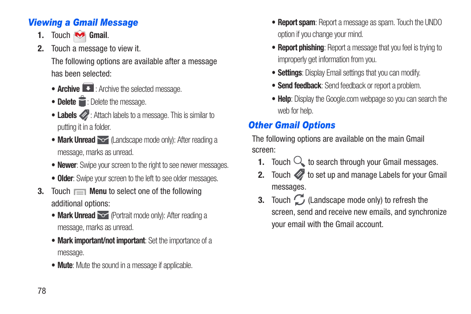 Viewing a gmail message, Other gmail options | Samsung SCH-R960ZKAUSC User Manual | Page 85 / 228