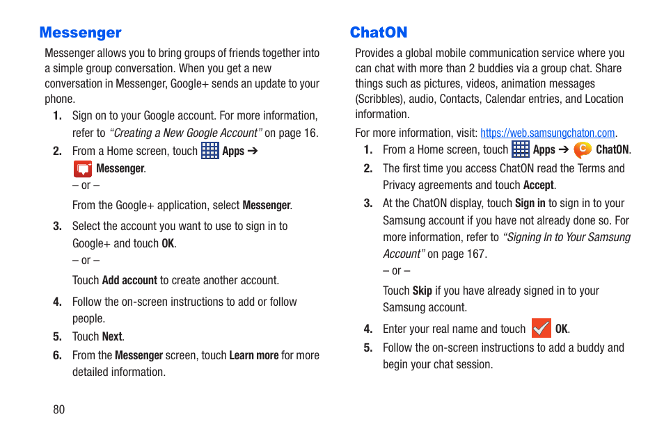 Messenger, Chaton, Messenger chaton | Samsung SCH-R960ZKAUSC User Manual | Page 87 / 228