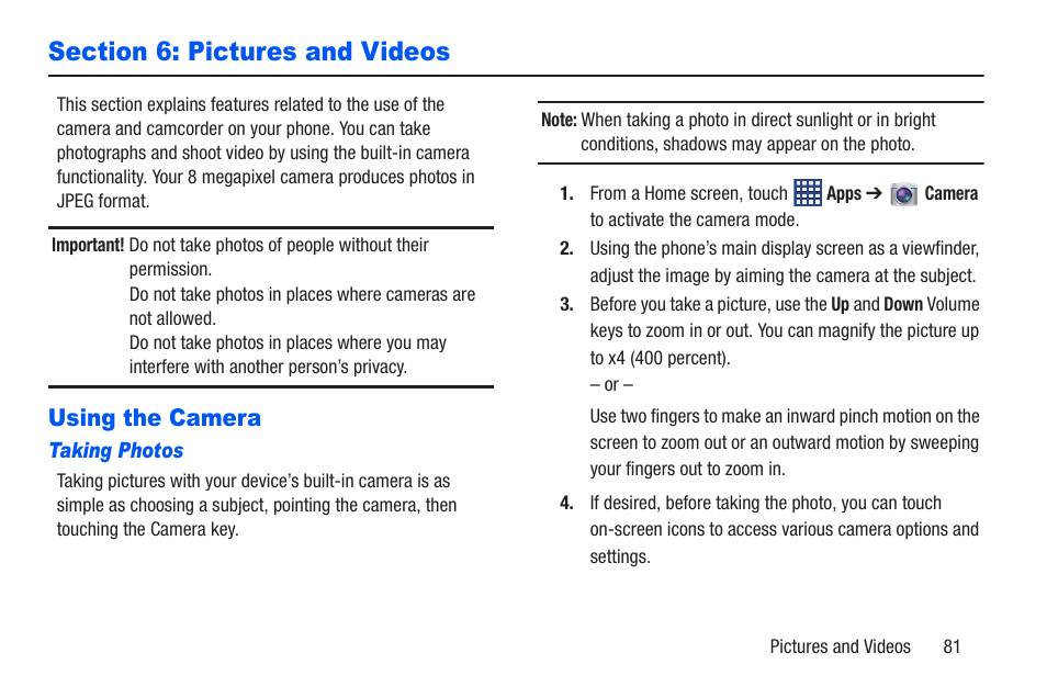 Section 6: pictures and videos, Using the camera, Taking photos | Samsung SCH-R960ZKAUSC User Manual | Page 88 / 228