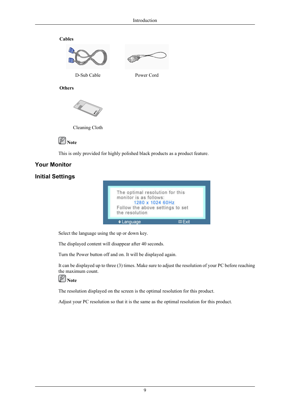 Your monitor, Initial settings | Samsung LS17MYAKF-DZS User Manual | Page 10 / 74