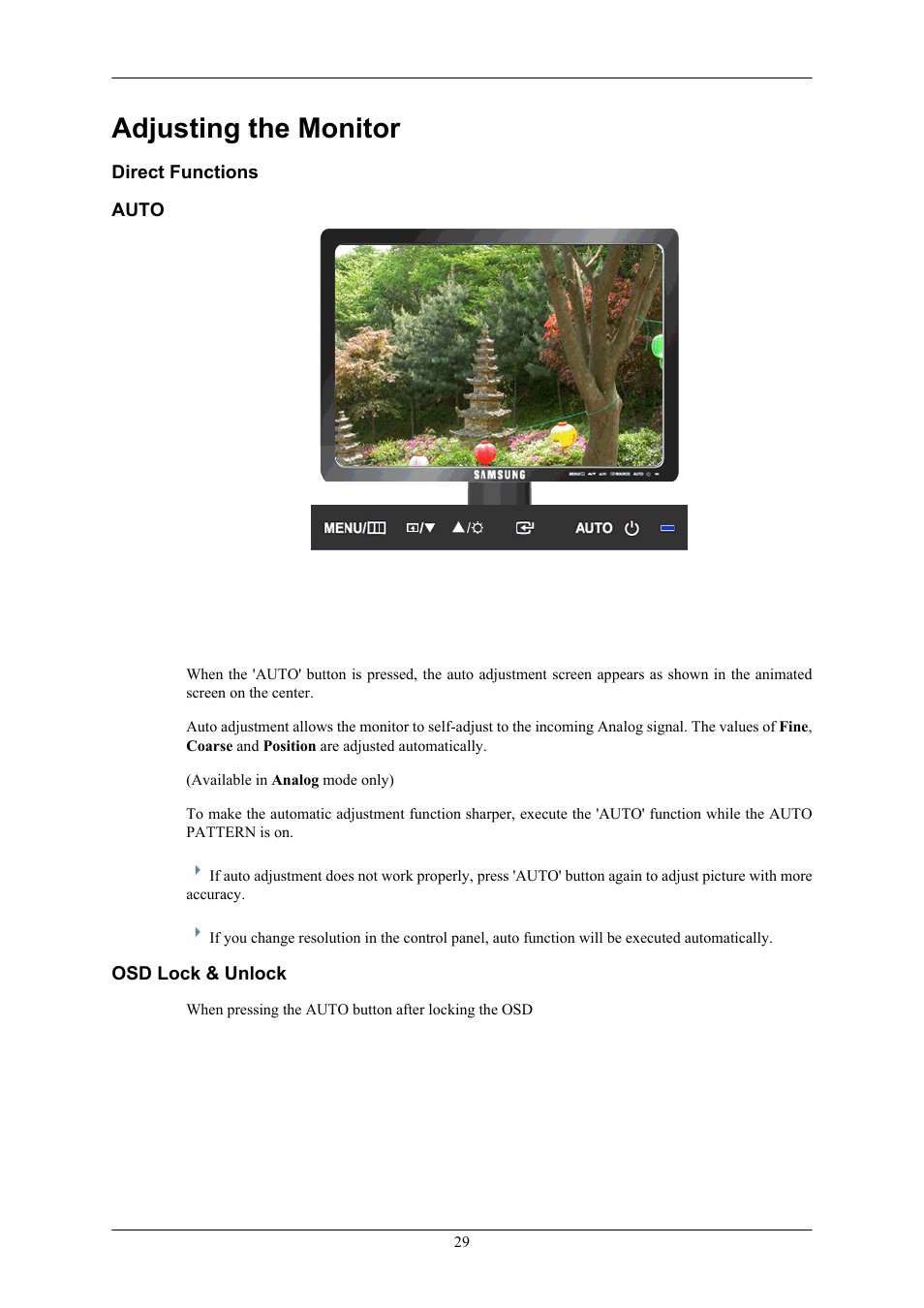 Adjusting the monitor, Direct functions, Auto | Osd lock & unlock | Samsung LS17MYAKF-DZS User Manual | Page 30 / 74